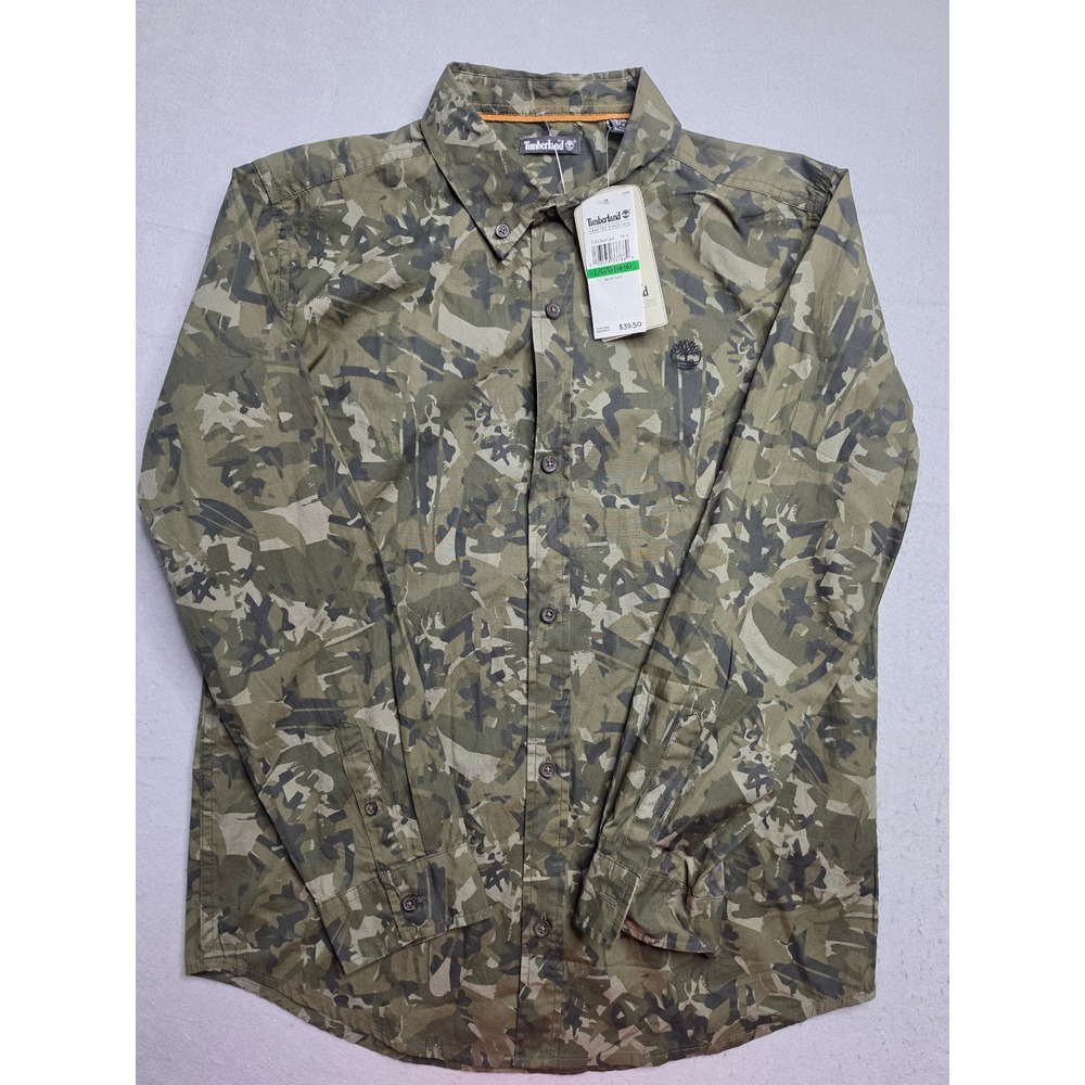 Timberland Shirt Boys L 14-16 Dark Olive Camouflage‎ 100% Cotton Button-Down NWT